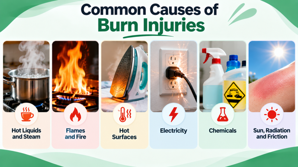 Common causes of burn injuries including hot liquids, flames, hot surfaces, electricity, chemicals and sun exposure