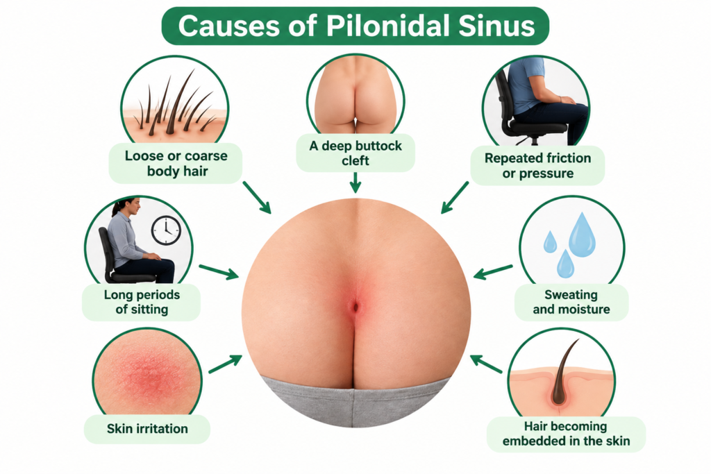 Causes of Pilonidal Sinus including body hair, friction, prolonged sitting, moisture and skin irritation