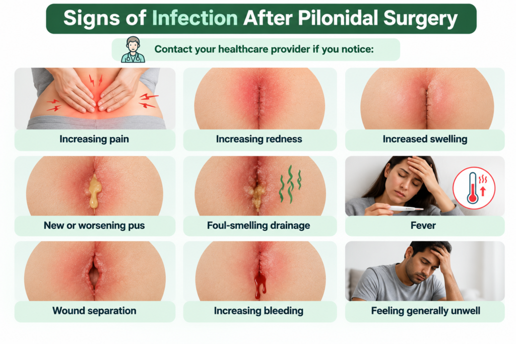 Signs of infection after Pilonidal Sinus surgery including pain, redness, swelling, pus, fever and wound separation