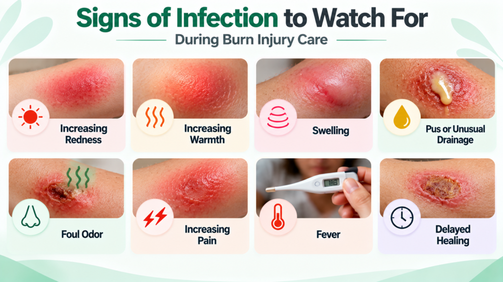 Signs of infection in a burn wound including redness, warmth, swelling, drainage, pain, fever and delayed healing