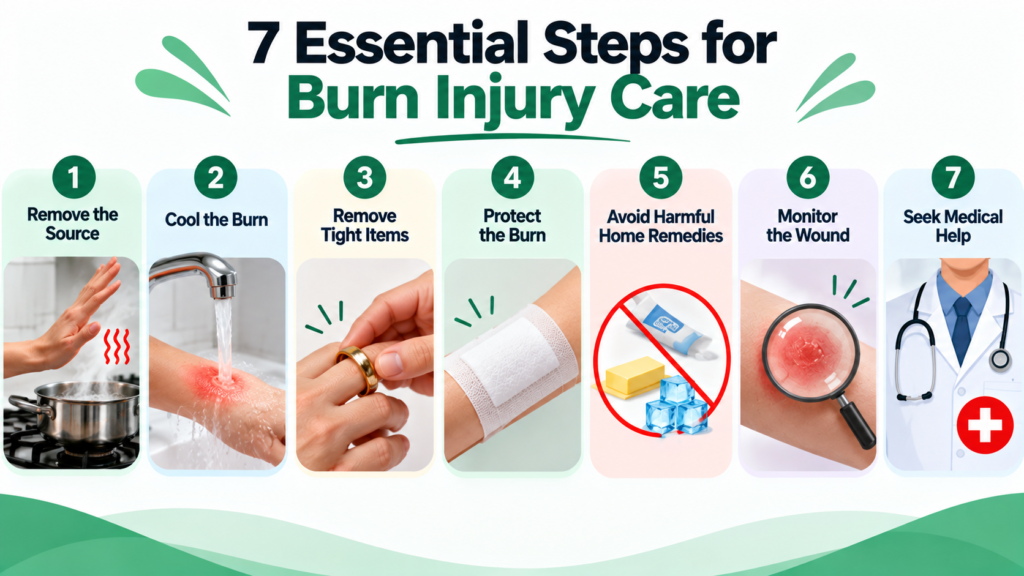 7 essential steps for Burn Injury Care including cooling, protecting and monitoring a burn