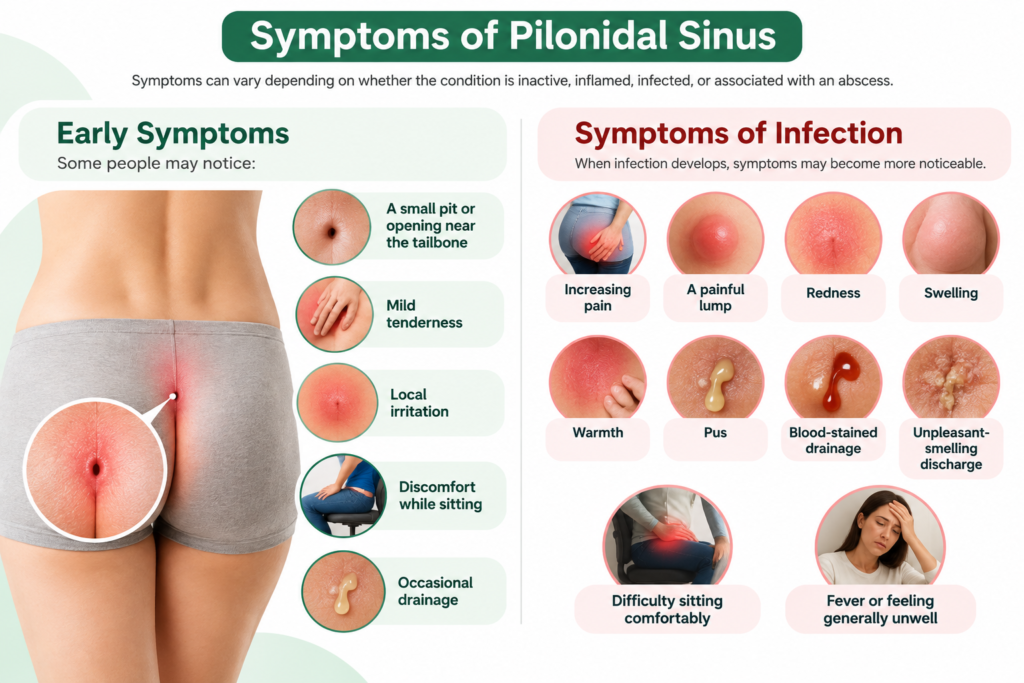 Symptoms of Pilonidal Sinus including pain, swelling, redness, drainage and fever