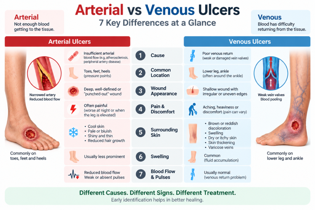 Arterial vs Venous Ulcers showing 7 key differences in causes, location, appearance, pain, skin changes, swelling and blood flow