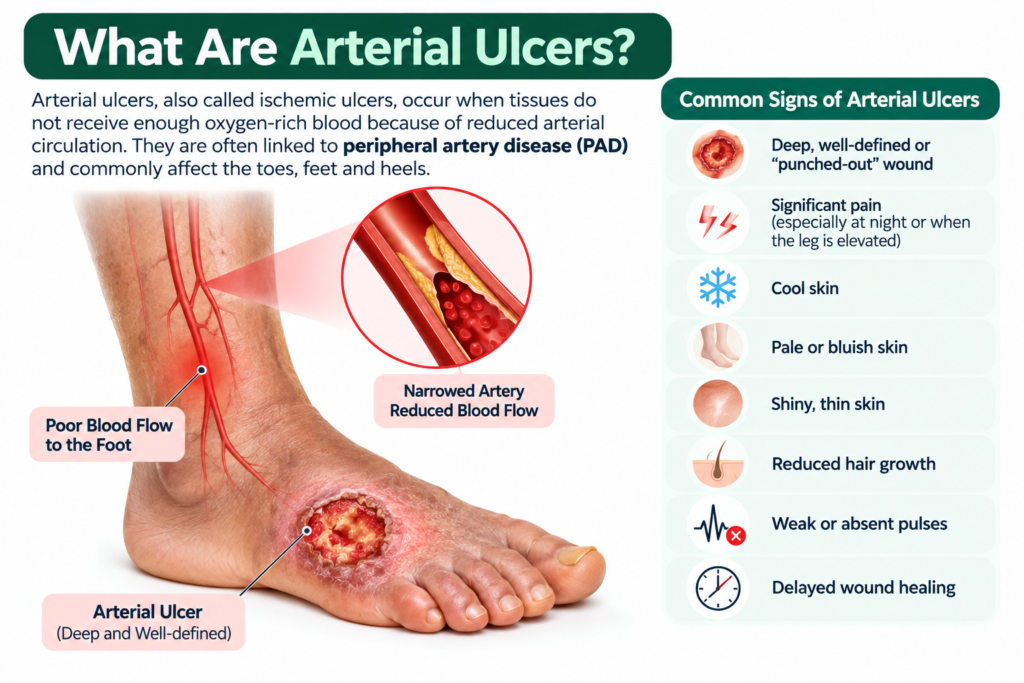Arterial ulcers caused by reduced blood flow showing common signs and symptoms