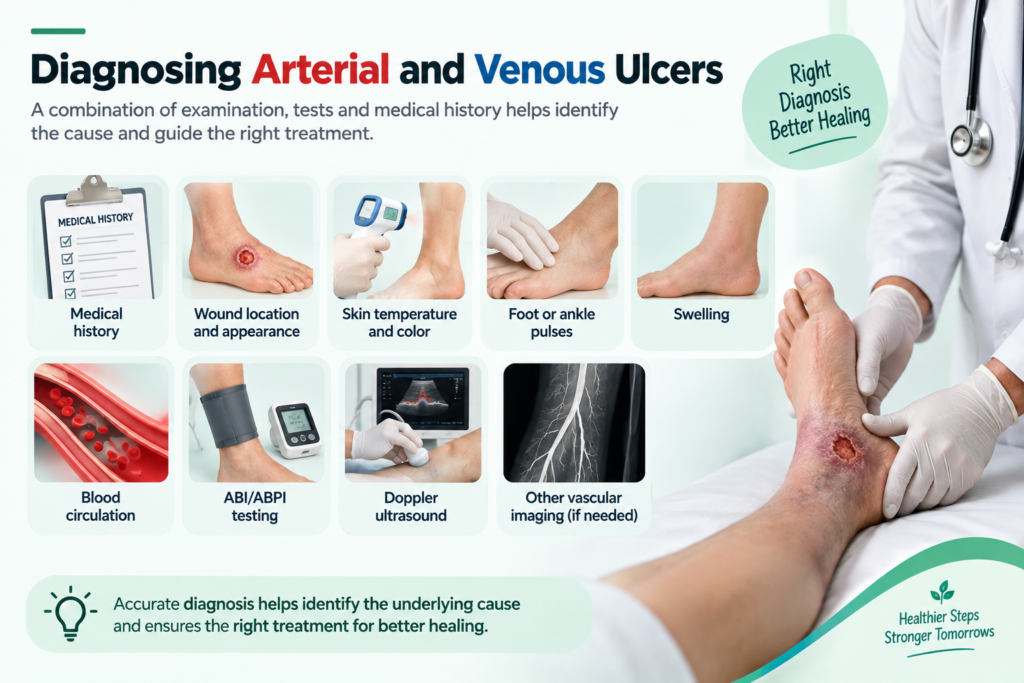 Arterial and venous ulcer diagnosis using wound assessment, ABI testing and Doppler ultrasound