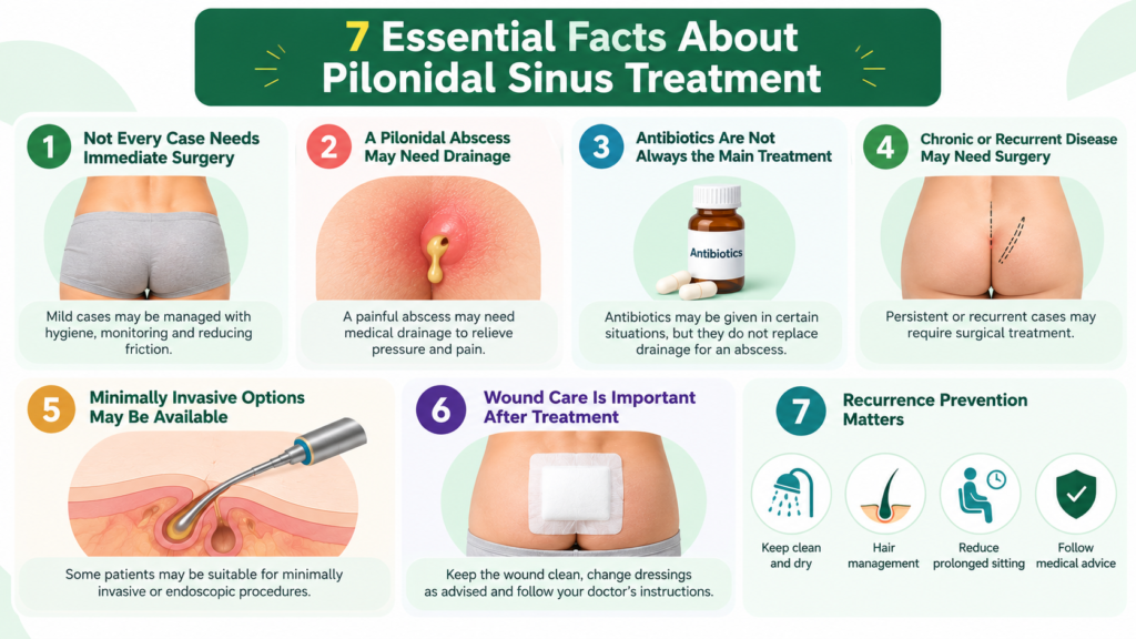7 essential facts about Pilonidal Sinus treatment including drainage, surgery, wound care and recurrence prevention