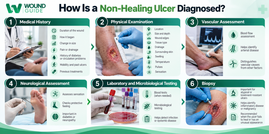 How a non-healing ulcer is diagnosed through medical history, physical examination, vascular assessment and biopsy