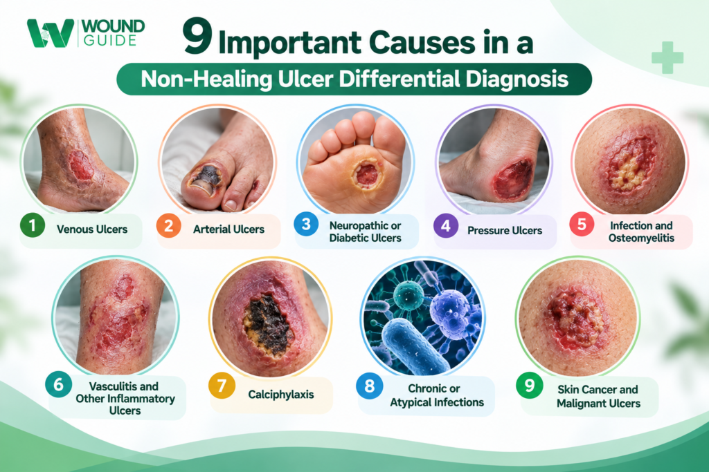 9 important causes of non-healing ulcers including venous, arterial, diabetic, pressure, inflammatory and malignant ulcers