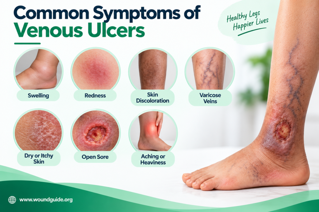 Common symptoms of venous ulcers including swelling, redness, skin discoloration and open sores