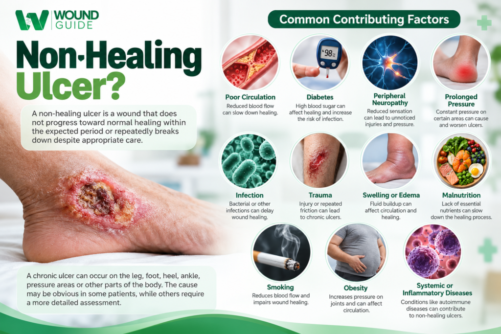 Non-Healing Ulcer showing common causes including poor circulation, diabetes, neuropathy, pressure, infection and trauma