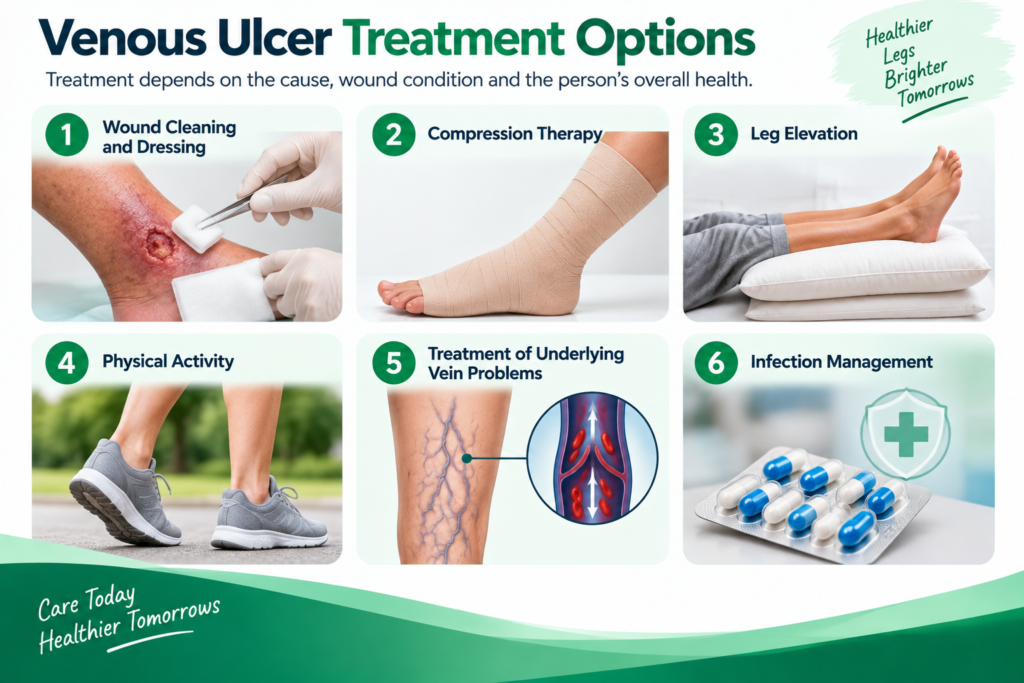 Venous ulcer treatment options including wound dressing, compression therapy, leg elevation and physical activity