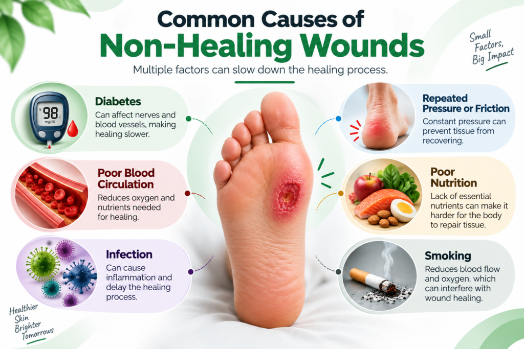 Common causes of non-healing wounds including diabetes, poor blood circulation, infection, pressure, poor nutrition and smoking
