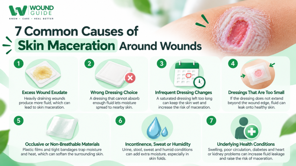 Seven common causes of skin maceration around wounds, including excess drainage, dressing problems, trapped moisture, and underlying health conditions.