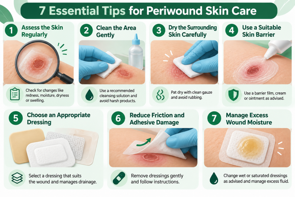 7 essential tips for periwound skin care, including skin assessment, gentle cleansing, drying, barrier protection, dressing selection, reducing friction, and moisture management.