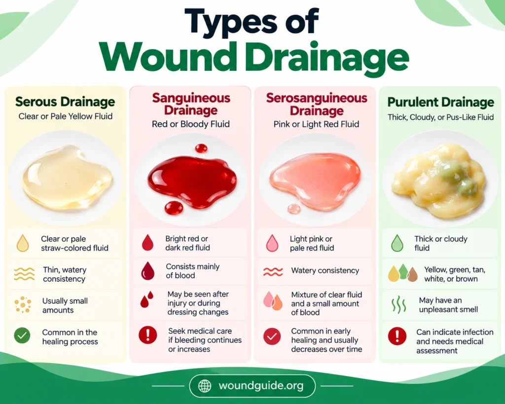 Types of wound drainage: serous, sanguineous, serosanguineous, and purulent fluid