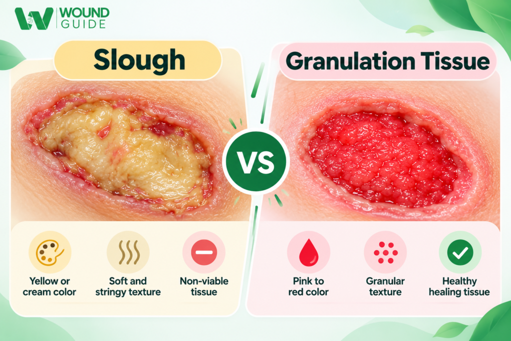 Slough vs Granulation Tissue comparison showing color, texture, bleeding, healing role and wound appearance