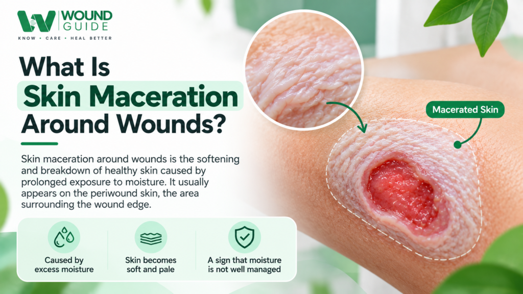 Skin maceration around a wound showing pale, softened skin caused by excess moisture.