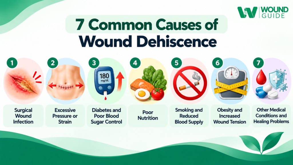 7 common causes of wound dehiscence including infection, pressure, diabetes, poor nutrition, smoking, obesity, and medical conditions.