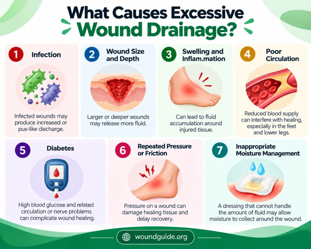 Causes of excessive wound drainage, including infection, deep wounds, swelling, poor circulation, diabetes, pressure, and moisture management problems.