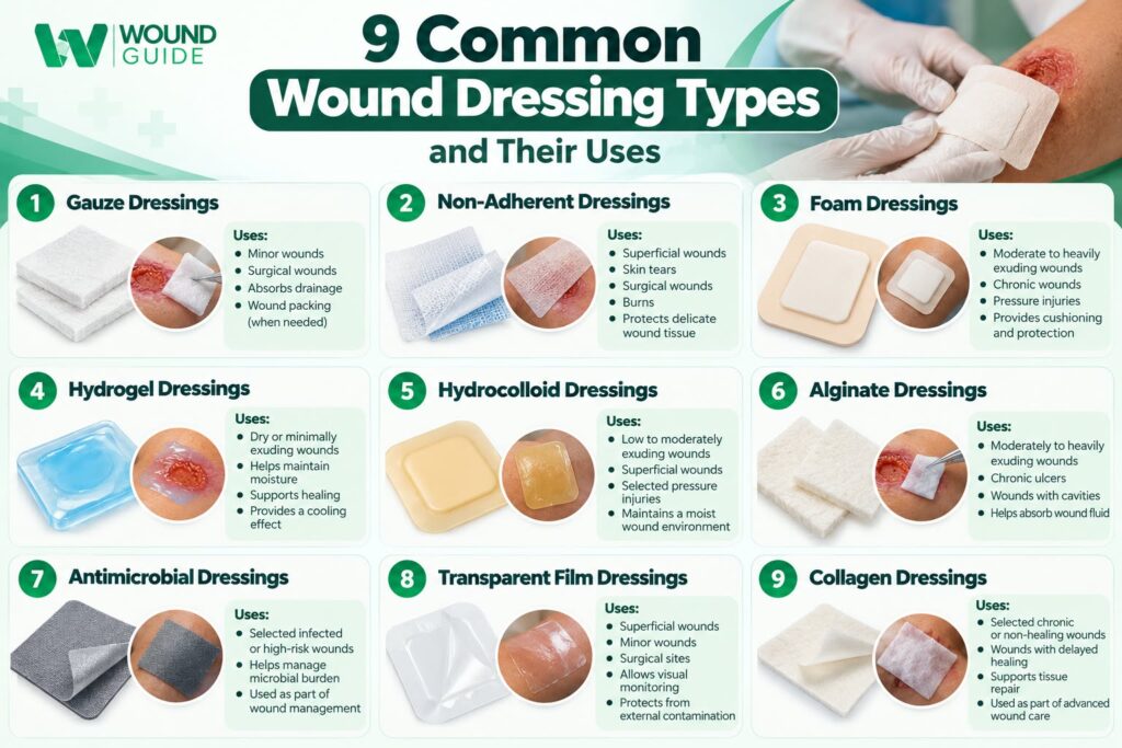9 Common Wound Dressing Types including gauze, non-adherent, foam, hydrogel, hydrocolloid, alginate, antimicrobial, transparent film and collagen dressings