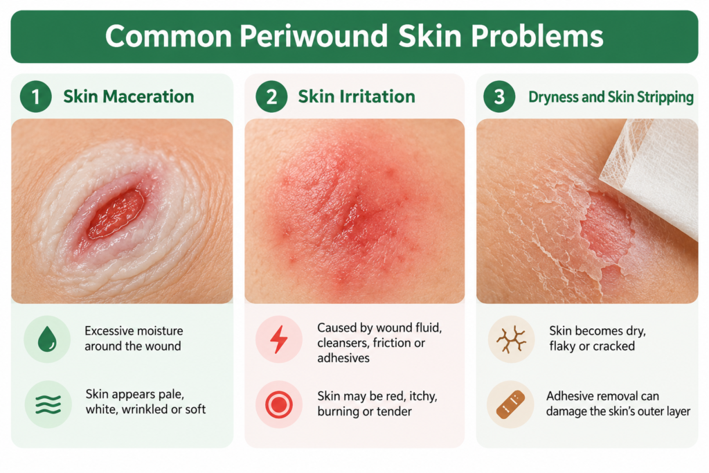 Common periwound skin problems including maceration, irritation, dryness and skin stripping.