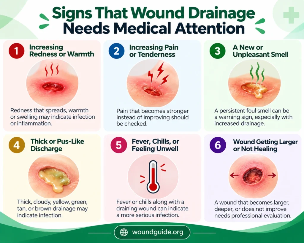 Signs of wound drainage that need medical attention, including redness, increasing pain, foul smell, pus-like discharge, fever, and delayed healing.