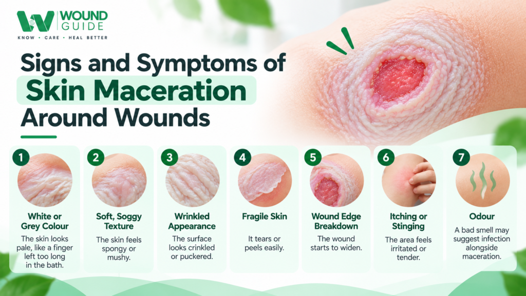 Seven signs of skin maceration around wounds, including pale skin, soggy texture, wrinkles, fragile skin, wound-edge breakdown, irritation, and odor.