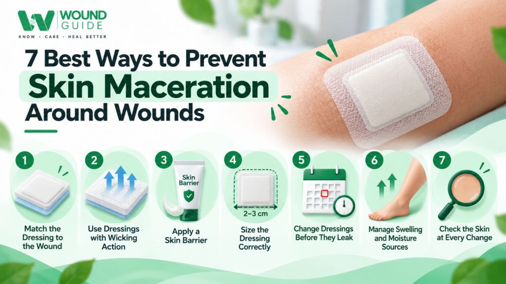 Seven ways to prevent skin maceration around wounds through proper dressing selection, moisture management, and regular skin checks.