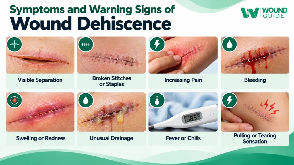 Symptoms and warning signs of wound dehiscence, including wound separation, broken stitches, increasing pain, bleeding, redness, drainage, fever, and pulling sensation.