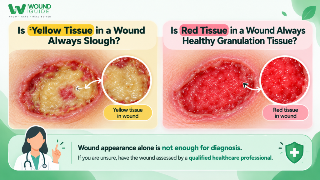 Yellow slough vs red granulation tissue in a wound bed