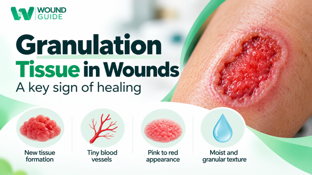 Granulation Tissue in Wounds showing healthy pink to red tissue, tiny blood vessels, new tissue formation and a moist granular texture