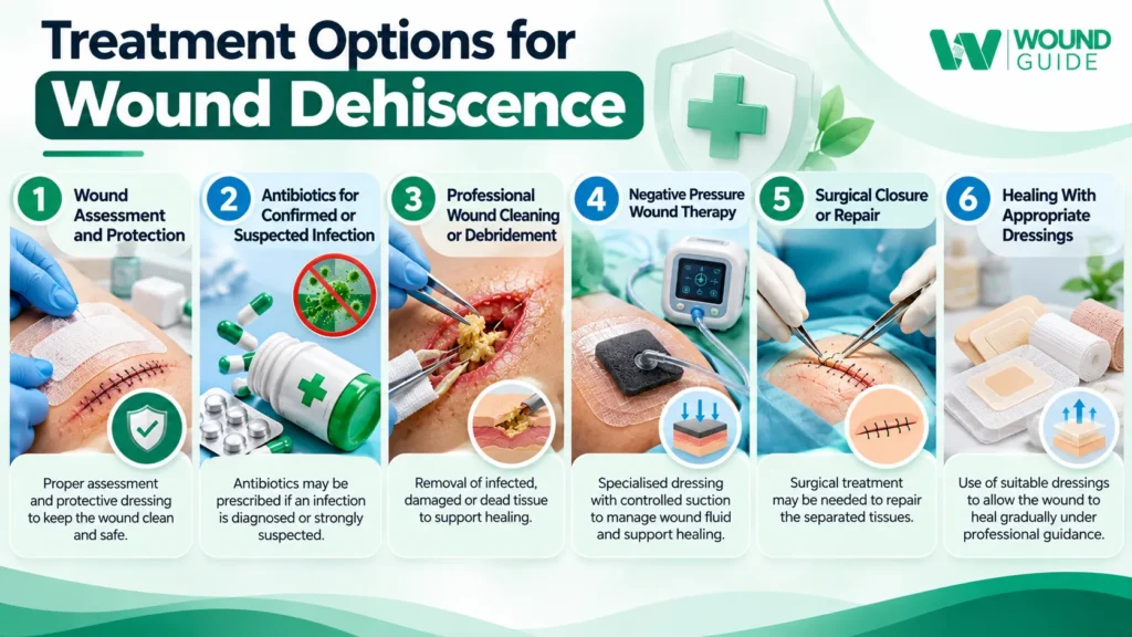 Treatment options for wound dehiscence, including wound assessment, antibiotics, debridement, negative pressure wound therapy, surgical repair, and appropriate dressings.