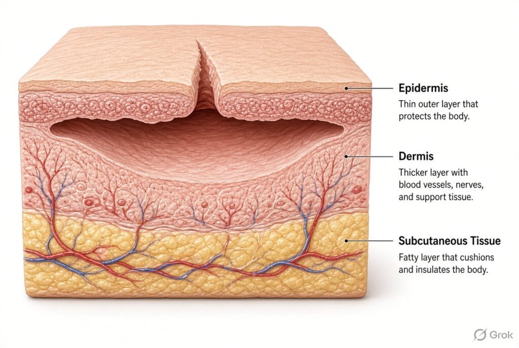 wound undermining beneath the skin with epidermis, dermis, and subcutaneous tissue layers. Copy alt text