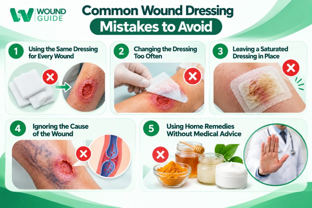 Common wound dressing mistakes to avoid including using the same dressing for every wound, changing dressings too often, leaving saturated dressings, ignoring the wound cause and using home remedies