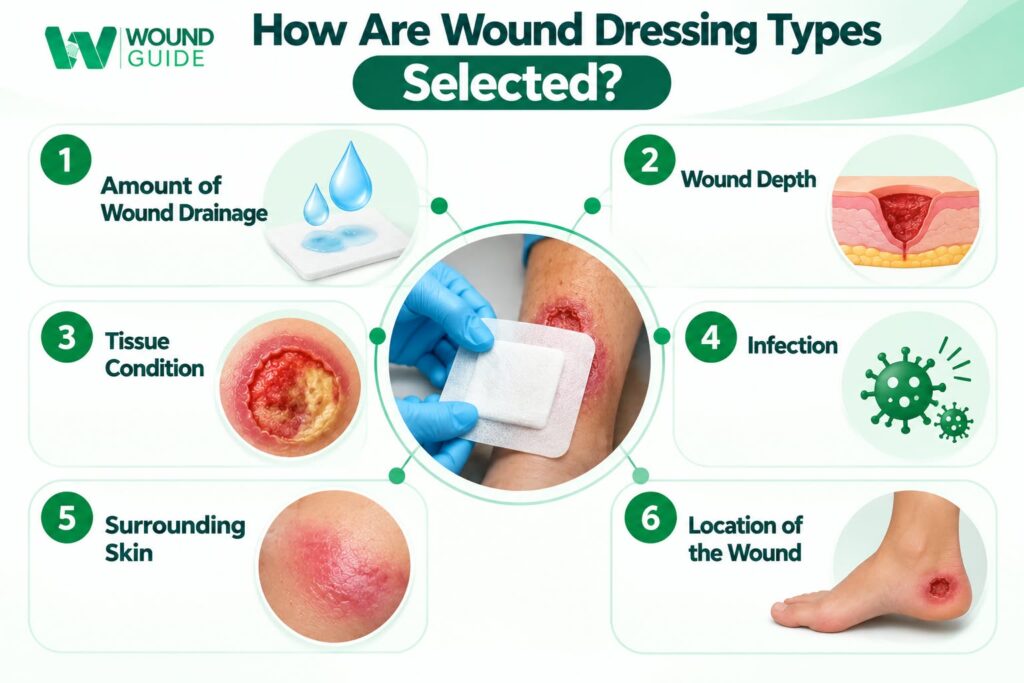 How Wound Dressing Types are selected based on wound drainage, depth, tissue condition, infection, surrounding skin and wound location