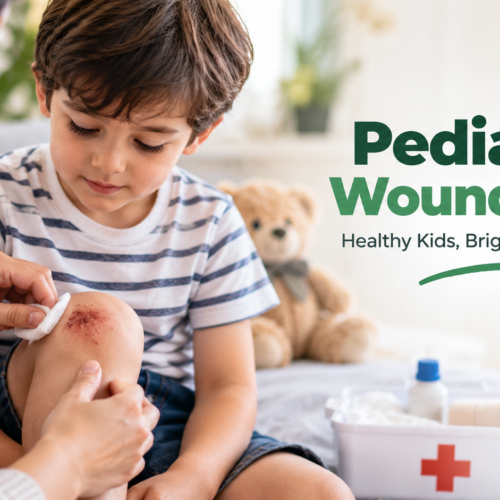 Parent applying a bandage to a child's scraped knee as part of pediatric wound care