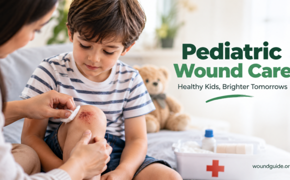 Parent applying a bandage to a child's scraped knee as part of pediatric wound care