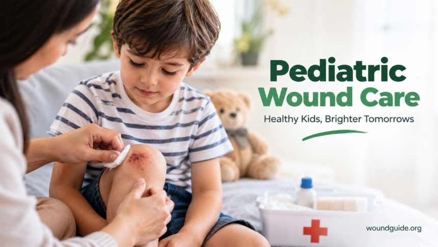 Pediatric Wound Care for Children Parent applying a bandage to a child's scraped knee as part of pediatric wound care