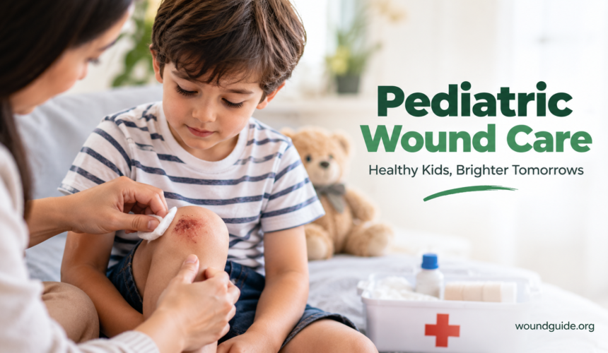 Pediatric Wound Care for Children Parent applying a bandage to a child's scraped knee as part of pediatric wound care