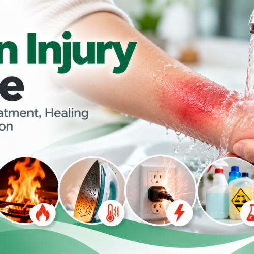 Burn Injury Care showing burn first aid, wound protection, healing and common burn causes