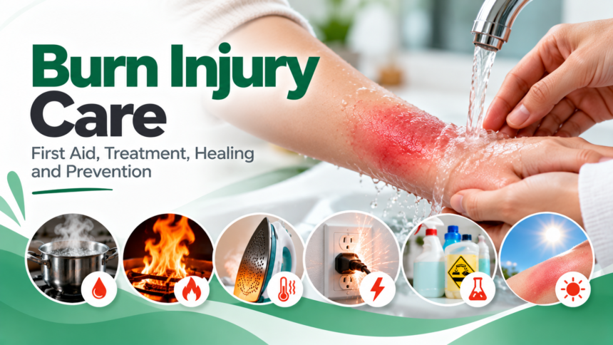 Burn Injury Care – First Aid, Treatment, Healing and Prevention Burn Injury Care showing burn first aid, wound protection, healing and common burn causes