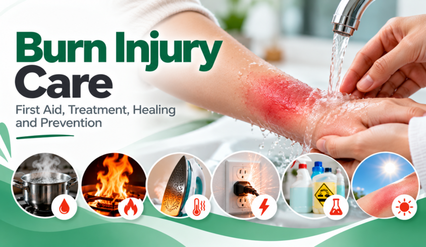 Burn Injury Care ā First Aid, Treatment, Healing and Prevention Burn Injury Care showing burn first aid, wound protection, healing and common burn causes
