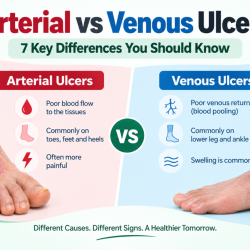 Arterial vs Venous Ulcers showing key differences in causes, location, pain and swelling