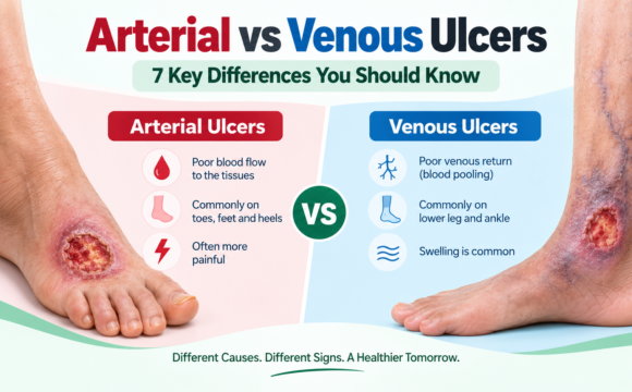 Arterial vs Venous Ulcers – Key Differences Arterial vs Venous Ulcers showing key differences in causes, location, pain and swelling