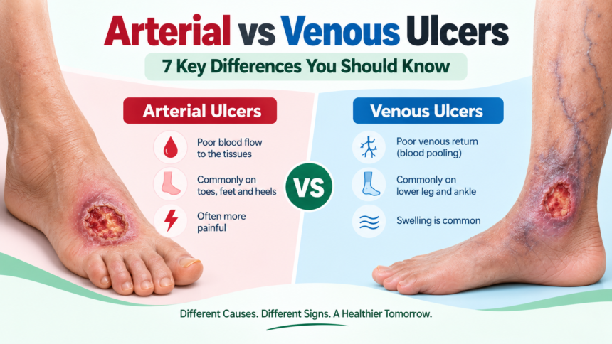 Arterial vs Venous Ulcers โ Key Differences Arterial vs Venous Ulcers showing key differences in causes, location, pain and swelling
