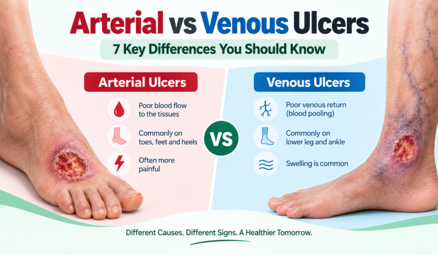 Arterial vs Venous Ulcers showing key differences in causes, location, pain and swelling