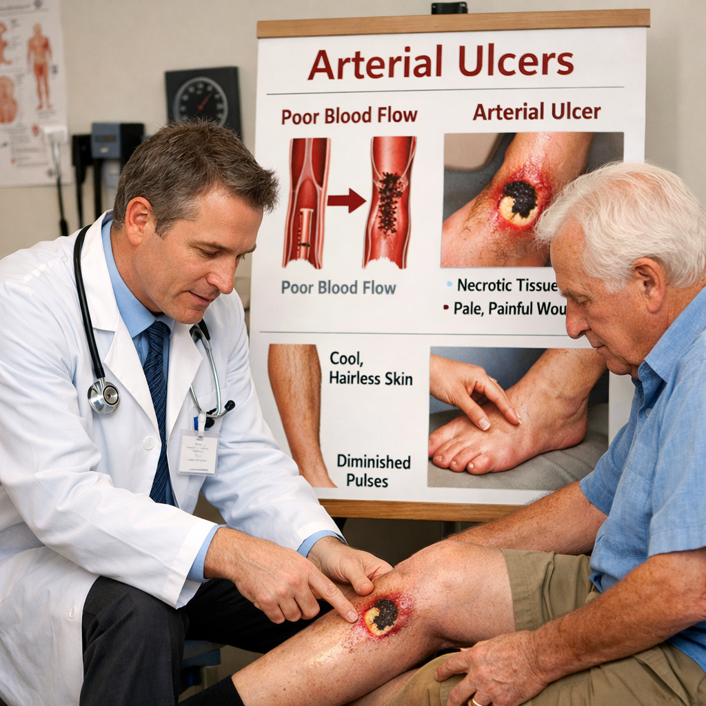 Doctor explaining arterial ulcers to a patient during a medical consultation while examining a painful leg wound caused by poor blood circulation.