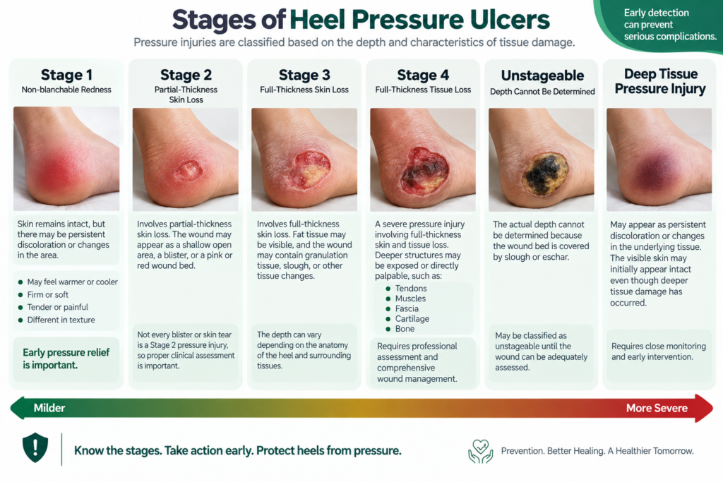 Stages of heel pressure ulcers showing Stage 1, Stage 2, Stage 3, Stage 4, unstageable pressure injury, and deep tissue pressure injury