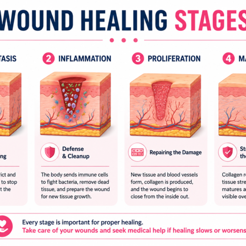 Four Wound Healing Stages from injury to tissue repair and scar maturation