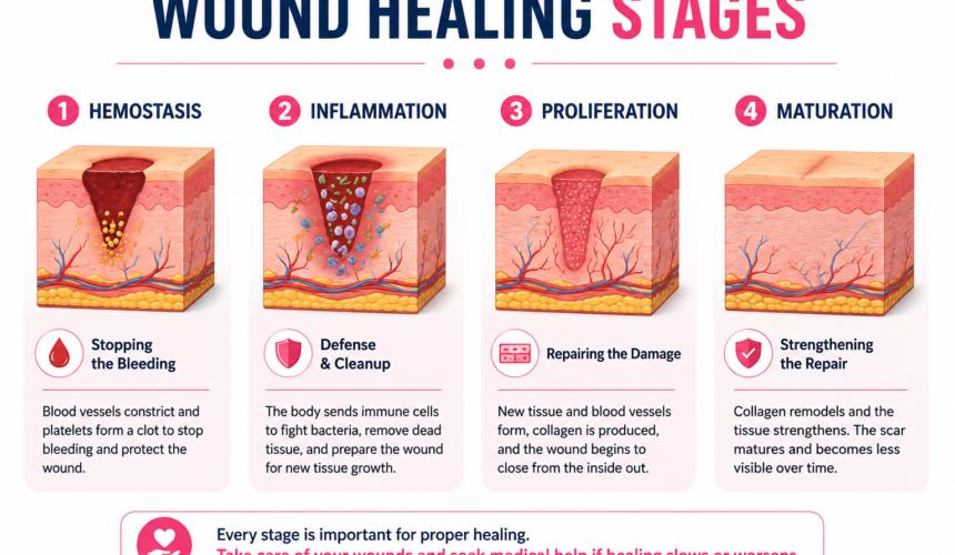 Wound Healing Stages Explained Four Wound Healing Stages from injury to tissue repair and scar maturation